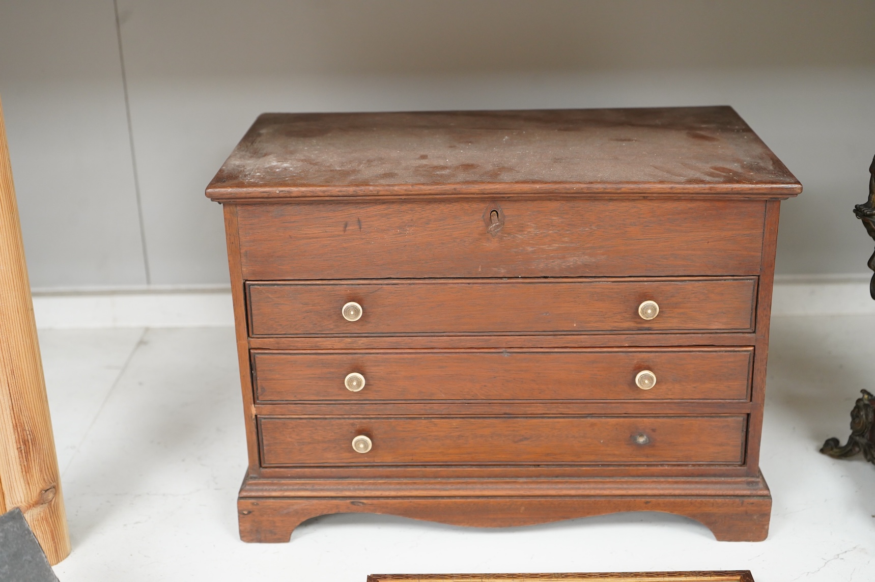 An early 19th century mahogany three drawer collector’s cabinet, with circular ivory handles, 40cm wide x 28cm high CITES Submission Reference O28HYZ0E